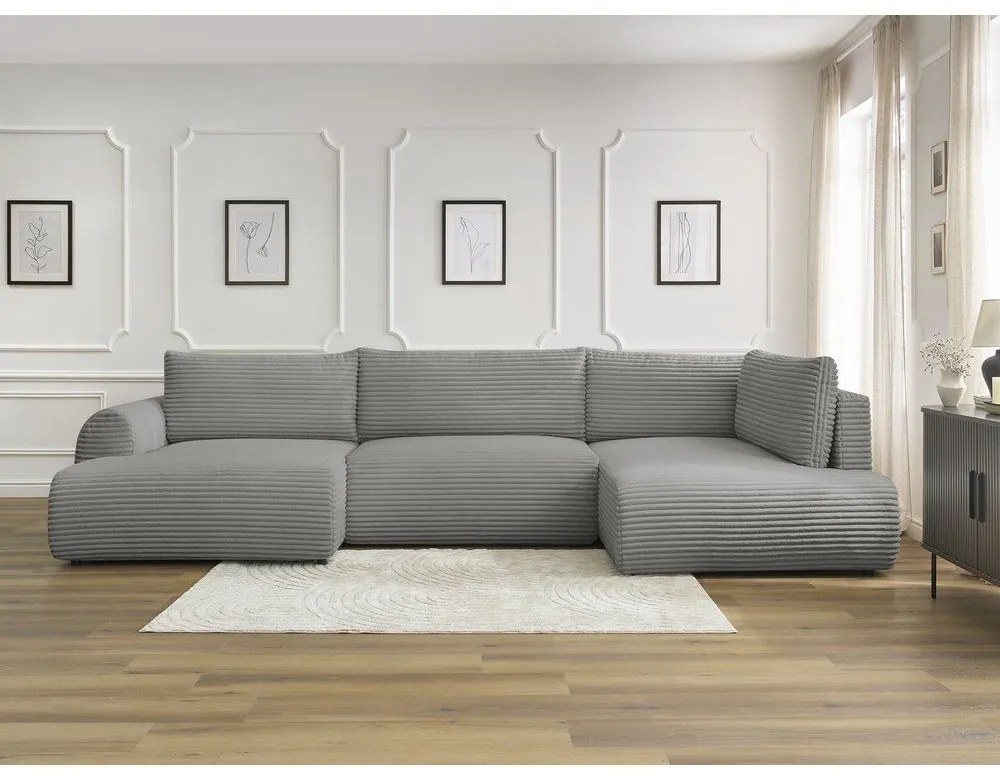 Tmavosivá menčestrová rozkladacia/s úložným priestorom rohová pohovka (pravý roh/do tvaru "U") Lucien – Bobochic Paris