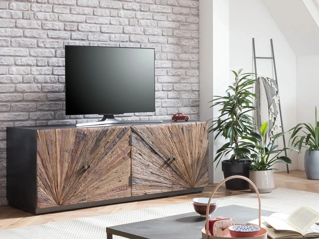 furniture-nabytek.cz - Masivní TV lavice Derby z recyklovaného dřeva a kovu, lakovaná, přírodní / šedá – 160×50×60 cm