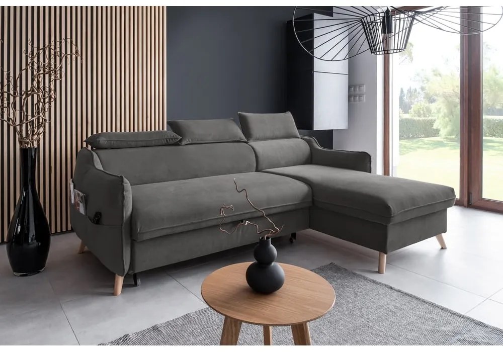 Tmavosivá zamatová rozkladacia rohová pohovka (pravý roh) Sweet Harmony – Miuform