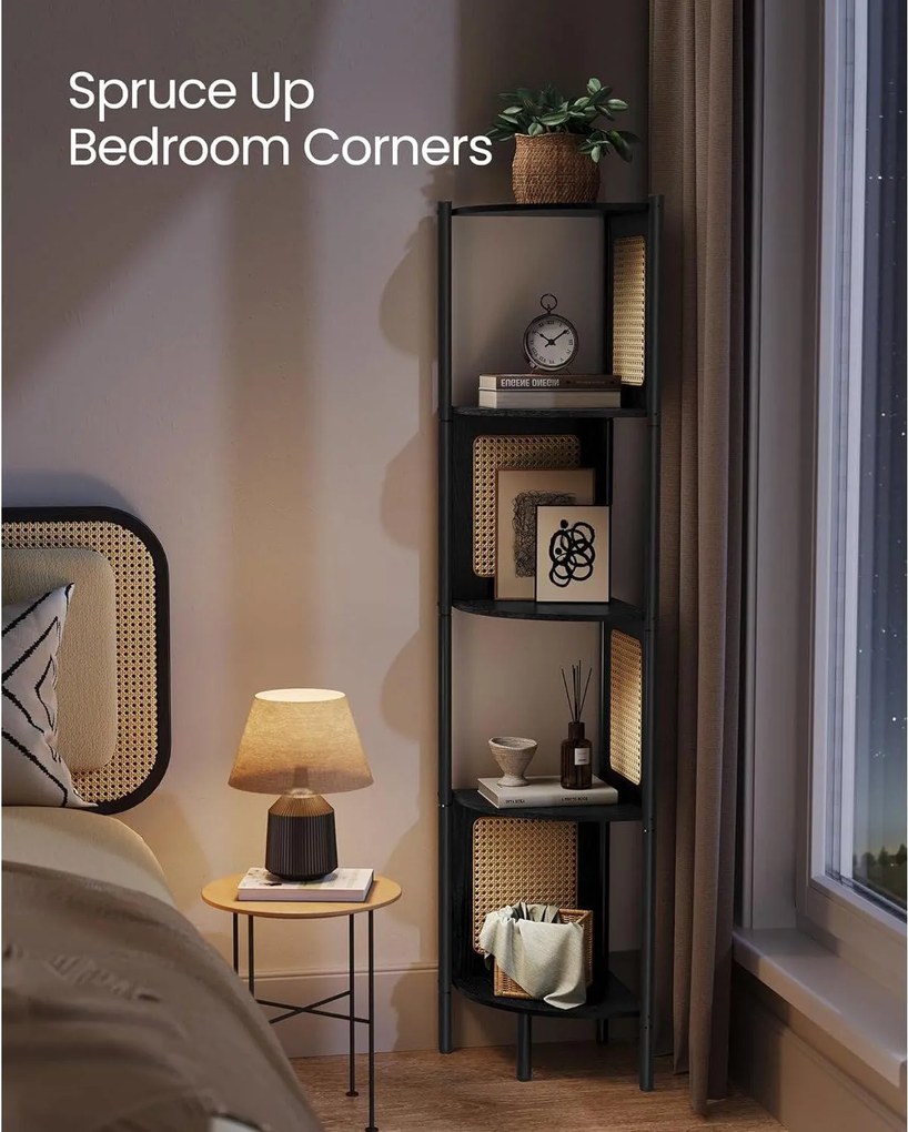 5-úrovňová rohová polica, polica na knihy s polyratanovými stranami, čierna