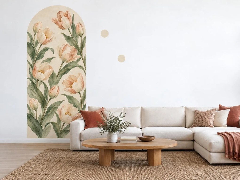 Akvarelové tulipány v oblúku pastelové oblúkové nálepky na stenu do spálne oblúk 20 x 46 cm