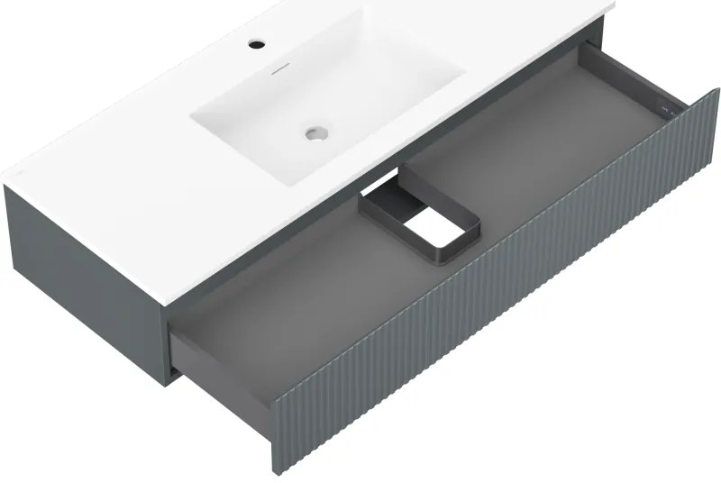 Mexen Rivel, kúpeľňová skrinka 120 cm s umývadlom Otis, 1 zásuvka, drážkovaná, grafitová matná/biela matná, 91A20-12023-1-BF66-W18M0