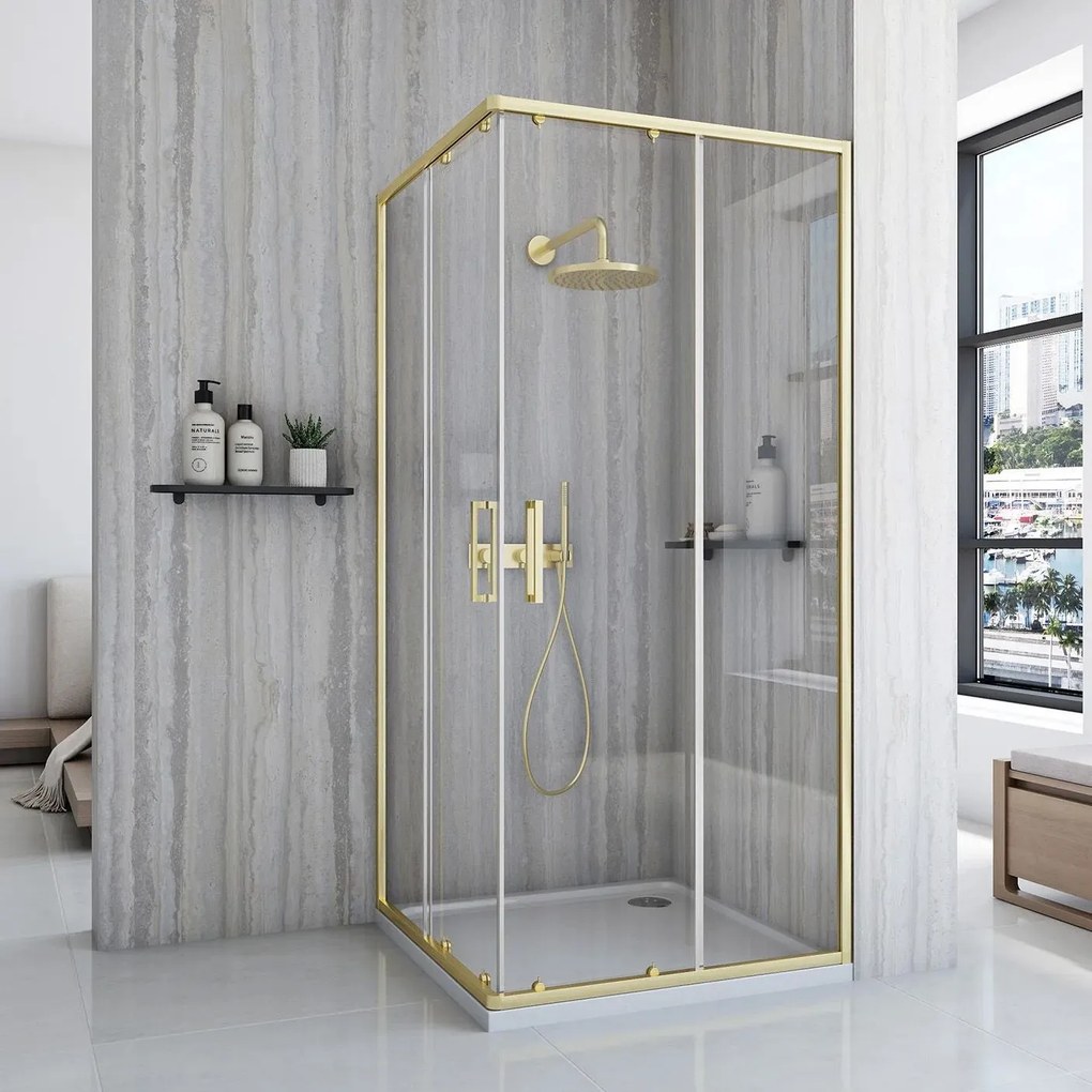 Štvorcový sprchovací kút REA CITY 90x90 zlatá kartáčovaná/transparent - bez vaničky