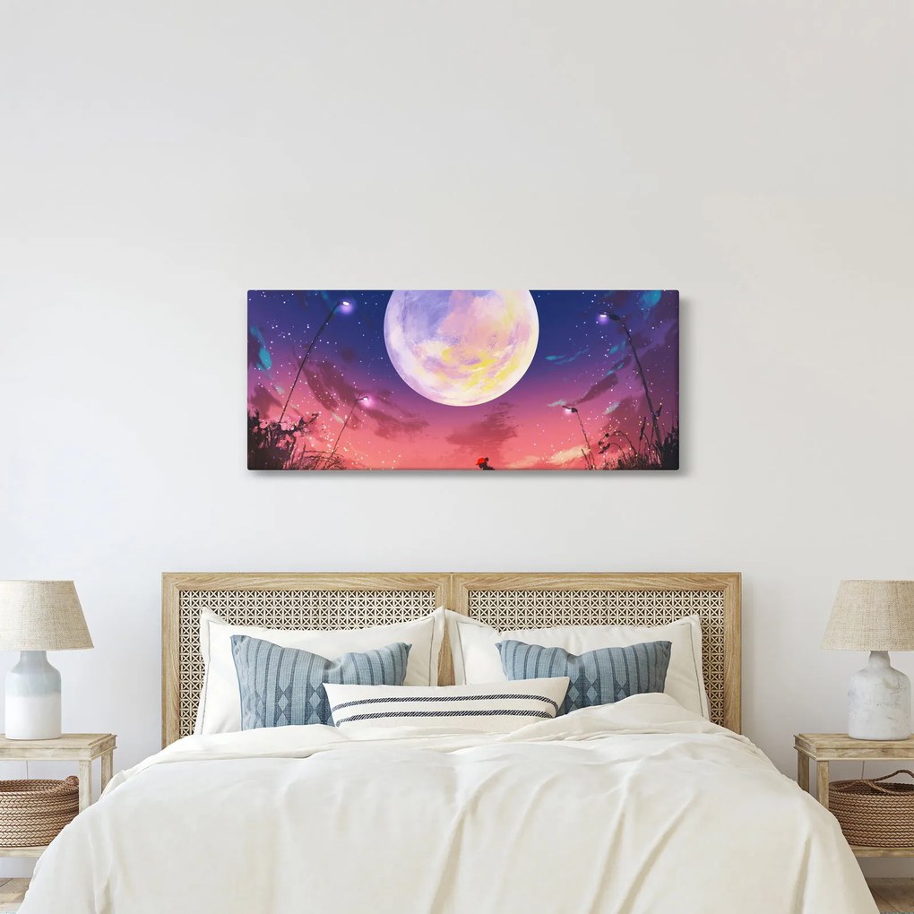 Obraz - Žena a pes pri splne (120x50 cm)