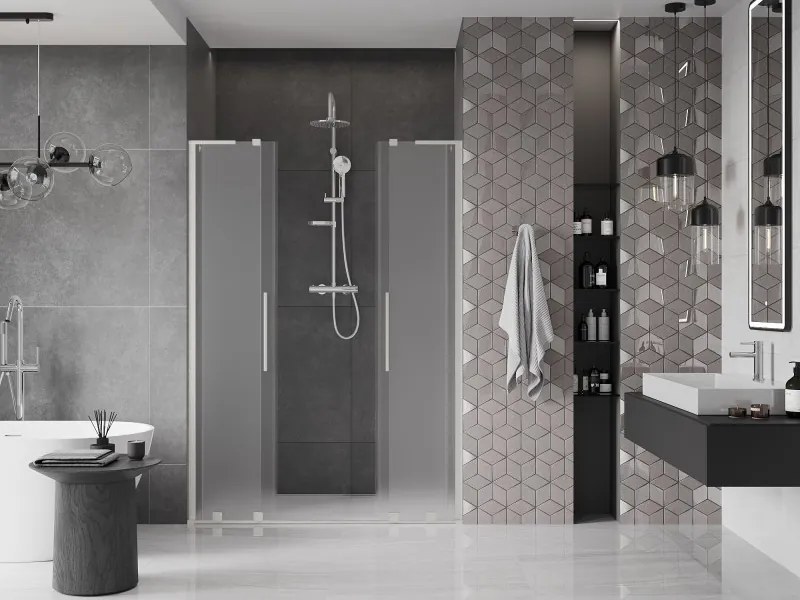 Mexen Velar L Duo, posuvné sprchové dvere do otvoru 160 cm, 8mm sklo námraza, brúsená oceľ, 871-160-003-32-97