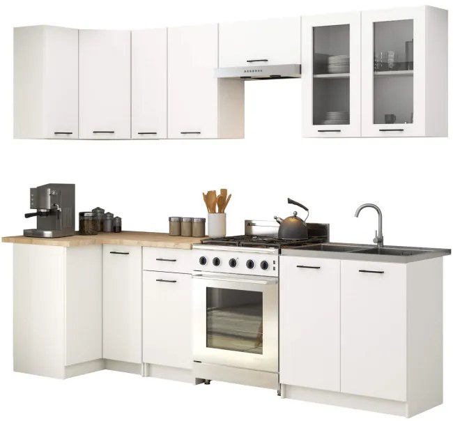 Rohová kuchynská linka OLIVIA H720 3 m s vitrínou biela