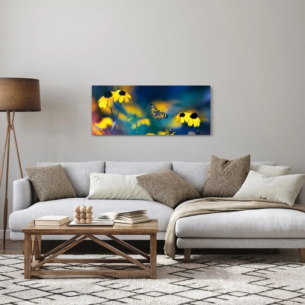 Obraz - Žltý motýľ s kvetmi (120x50 cm)