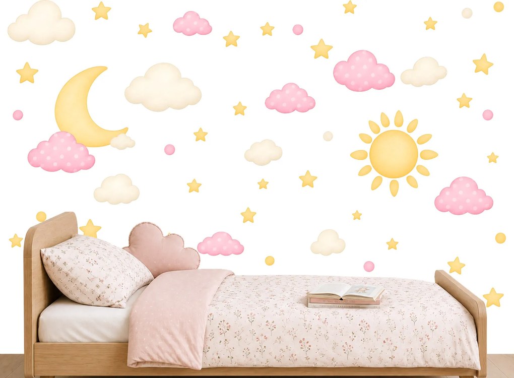 Slnko mesiac ružové obláčiky nálepky na stenu pre dievčatá list 100 x 100 cm