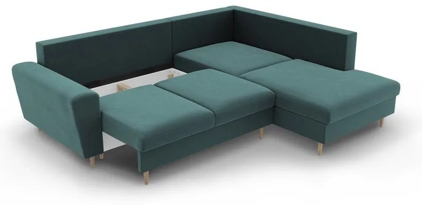 Zamatová rozkladacia/s úložným priestorom rohová pohovka v petrolejovej farbe (pravý roh/do L) Kyoto – Cosmopolitan Design