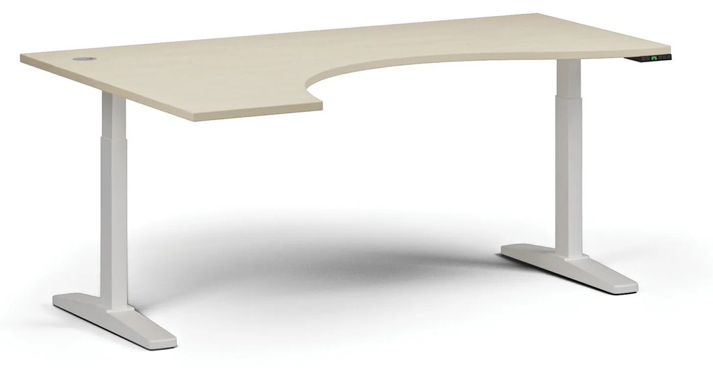 Výškovo nastaviteľný stôl, elektrický, 675-1325 mm, ergonomický ľavý, doska 1800x1200 mm, biela podnož, dub prírodný