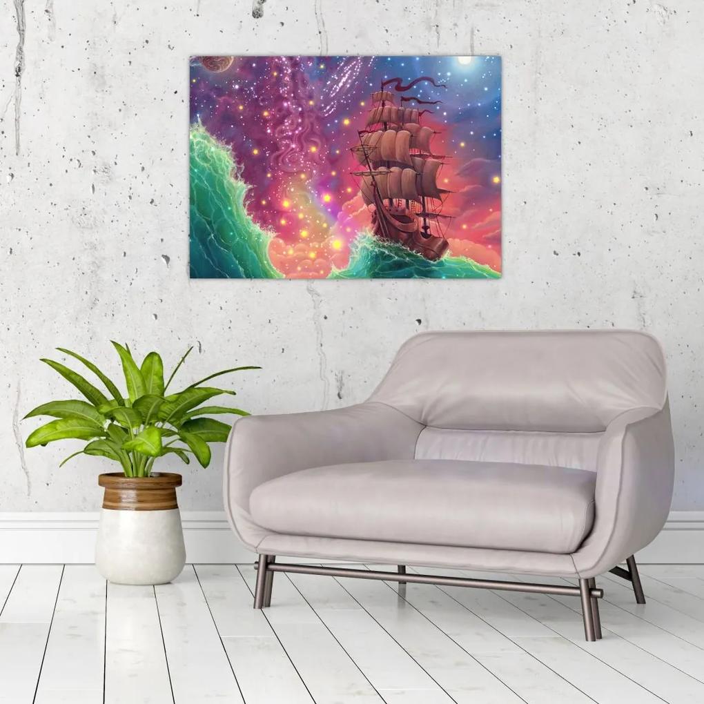 Sklenený obraz - Loď s vesmírnou oblohou (70x50 cm)