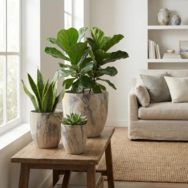 Sada 3 ks keramických květináčů NEVA MARBLE VI béžová/zlatá