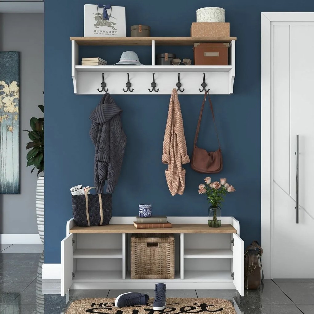 Nástenný vešiak s botníkom Polo White and WalnutWalnut