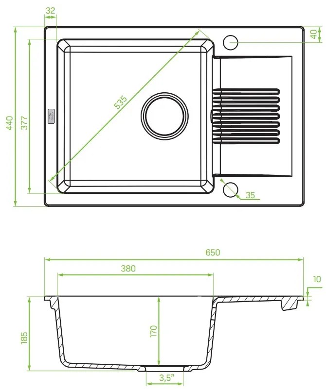 Laveo Celia, 1-komorový granitový drez 650x440x185 mm s krátkym odkvapkávačom, šedá, LAV-SBC_513T