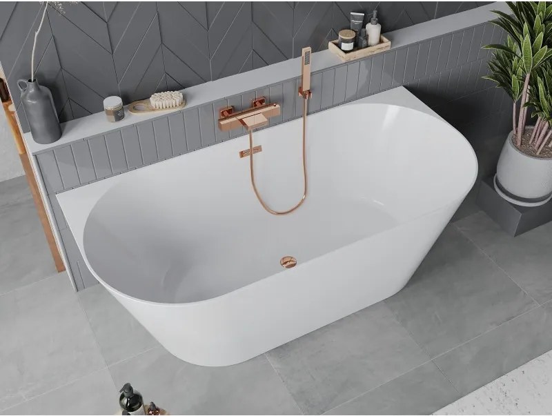 Mexen Oval Slim, voľne stojaca vaňa ku stene 170 x 80 cm, biela lesklá, ružové zlato prepad, 52661708000-60