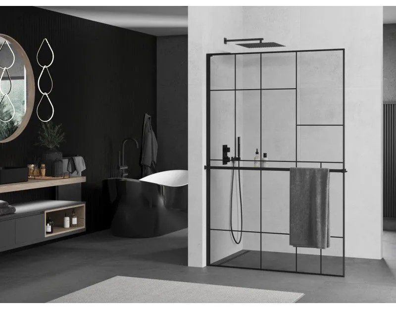 Mexen Kioto+ L, sprchová zástena Walk-In s poličkou a vešiakom 90 x 200 cm, 8mm číre sklo čierny vzor, čierny profil, 800-090-123-70-78