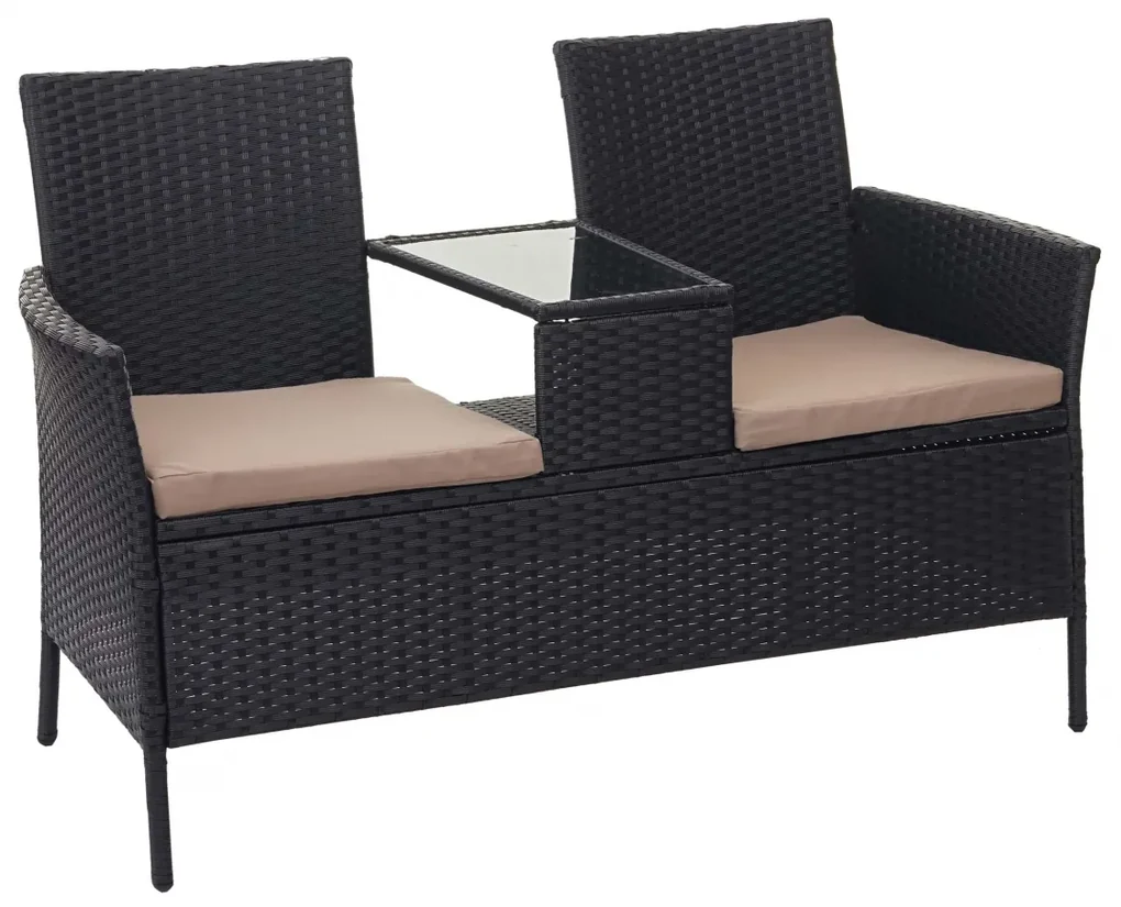 Záhradná lavica so stolíkom E24 - umelý ratan, 132cm - Čierna, sedáky krémová