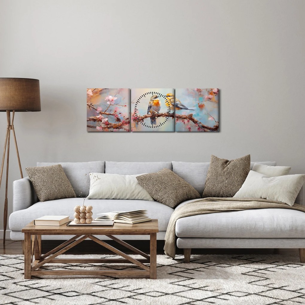 Obraz - Zamilovaní vtáčiky (s hodinami) (90x30 cm)