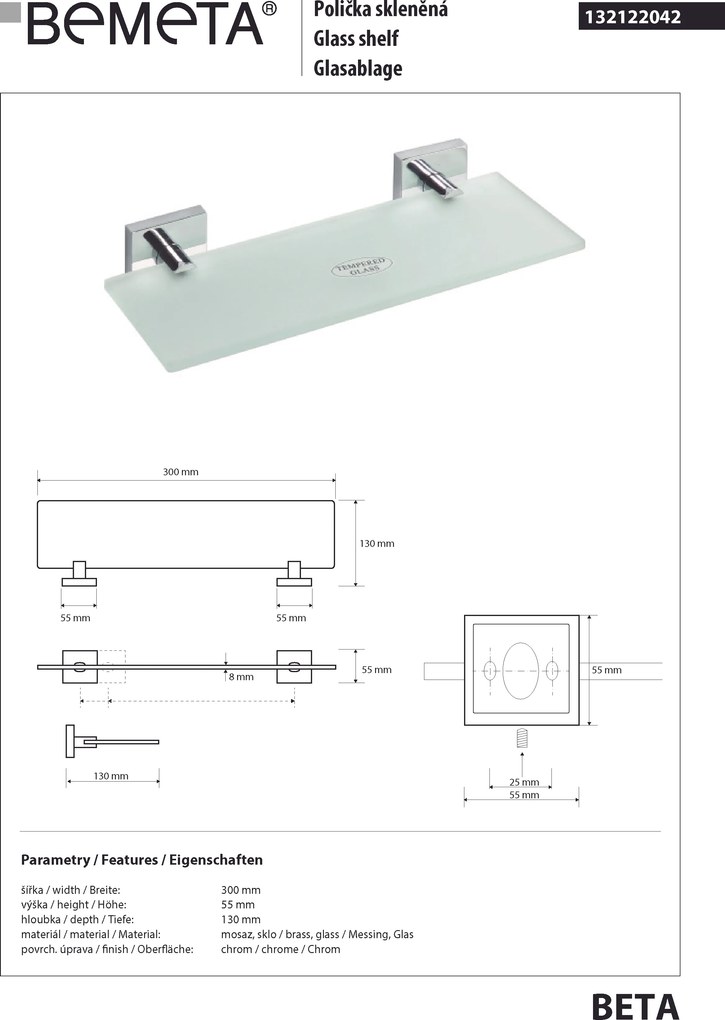 Bemeta Design BETA: Polička, 300 mm, sklo - 132122042