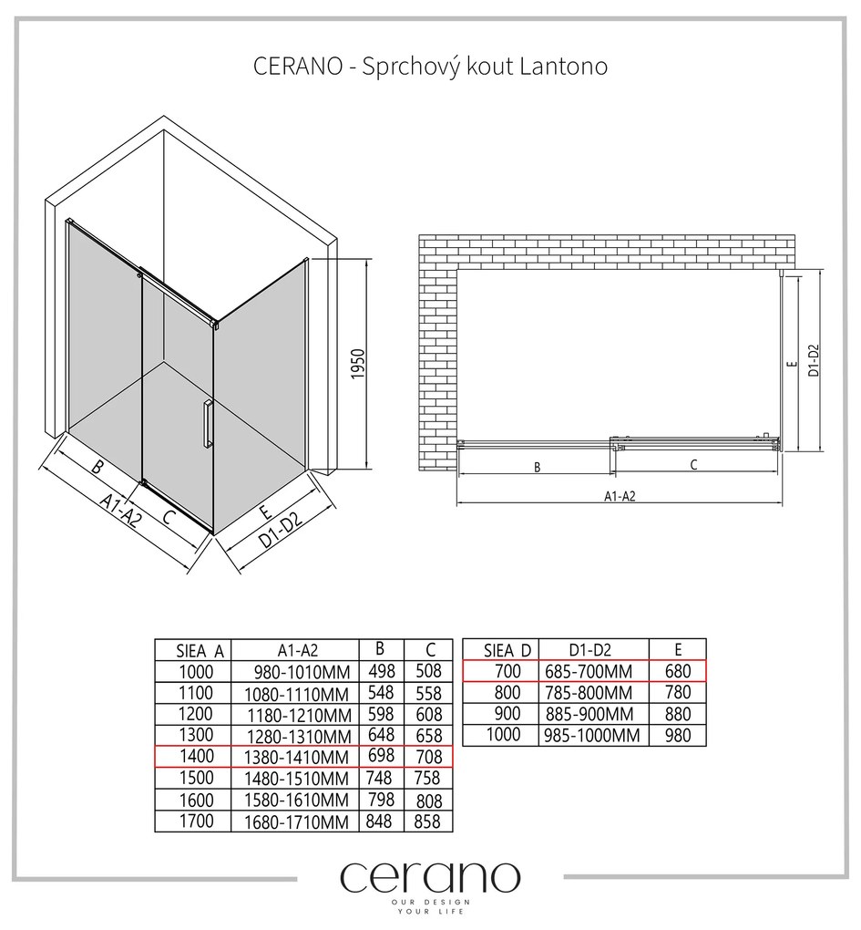 CERANO - Sprchovací kút Lantono L/P - 8 mm - čierna matná, grafitové sklo - 140x70 cm - posuvný, CER-CER-8050BD7527