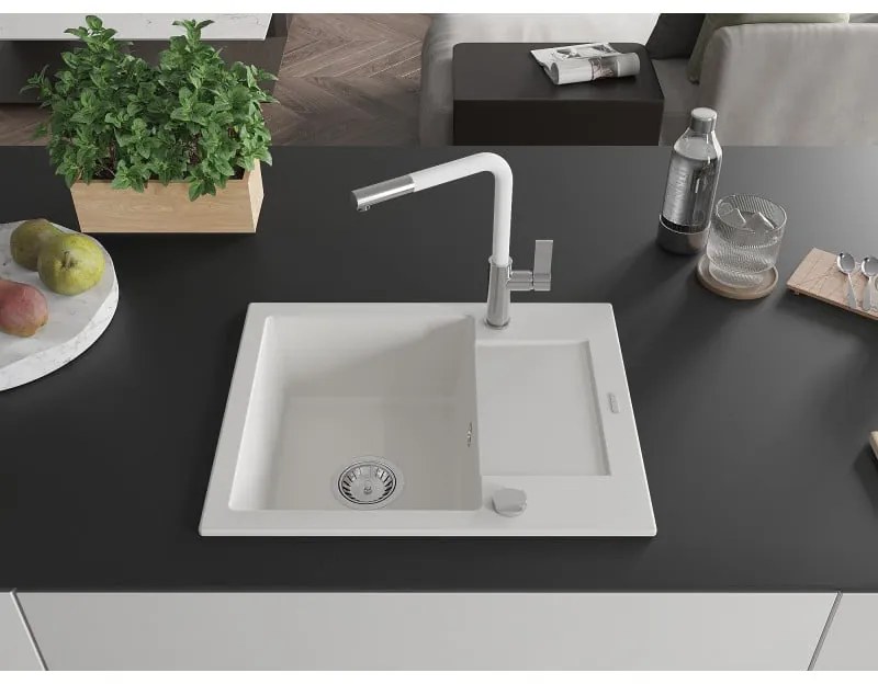 Mexen Enzo, 1-komorový granitový drez 576x465x174 mm a drezová batéria Flora, biela, 6506-20-670401-02