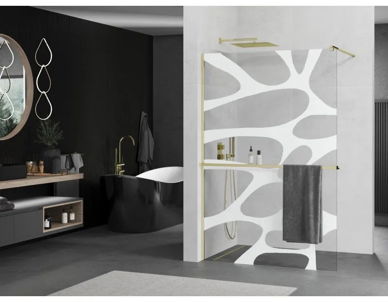 Mexen Kioto+, sprchová zástena s poličkou a držiakom na uteráky 100 x 200 cm, 8mm číre sklo vzor biely, zlatý profil 800-100-121-50-97