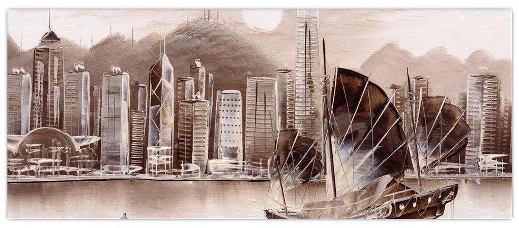 Obrázok - Victoria Harbor, Hong Kong, sépiový efekt (120x50 cm)