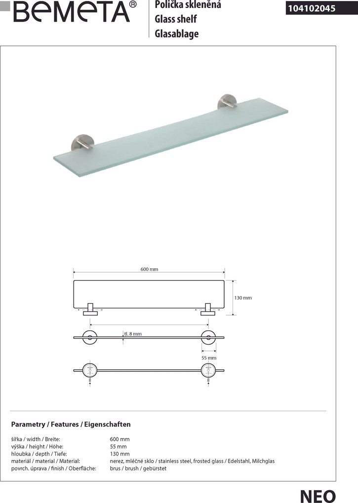 Bemeta Design NEO: Polička, 600 mm, sklo - 104102045