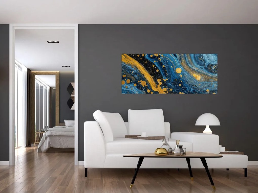 Obraz - Modrá abstrakcia so zlatom (120x50 cm)