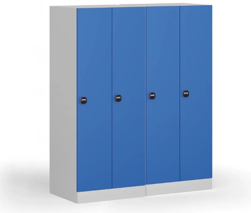 Šatníková skrinka znížená, 2 oddiely, 1500 x 600 x 500 mm, demont, zámok s čítačkou RFID kariet, modré dvere