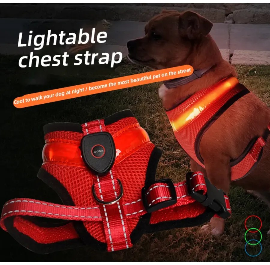Svetielkujúci nočný LED komfortný postroj pre psov, červený, M