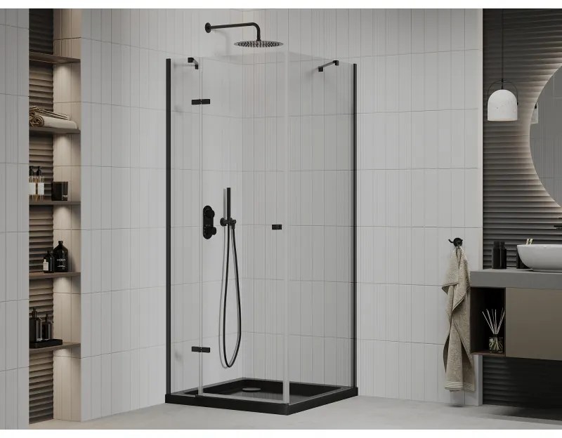 Mexen Roma, sprchovací kút s 1-krídlovými dverami 90 (dvere) x 90 (stena) cm, 6mm číre sklo, čierny profil, slim sprchová vanička 5cm čierna s čiernym sifónom, 854-090-090-70-00-4070B