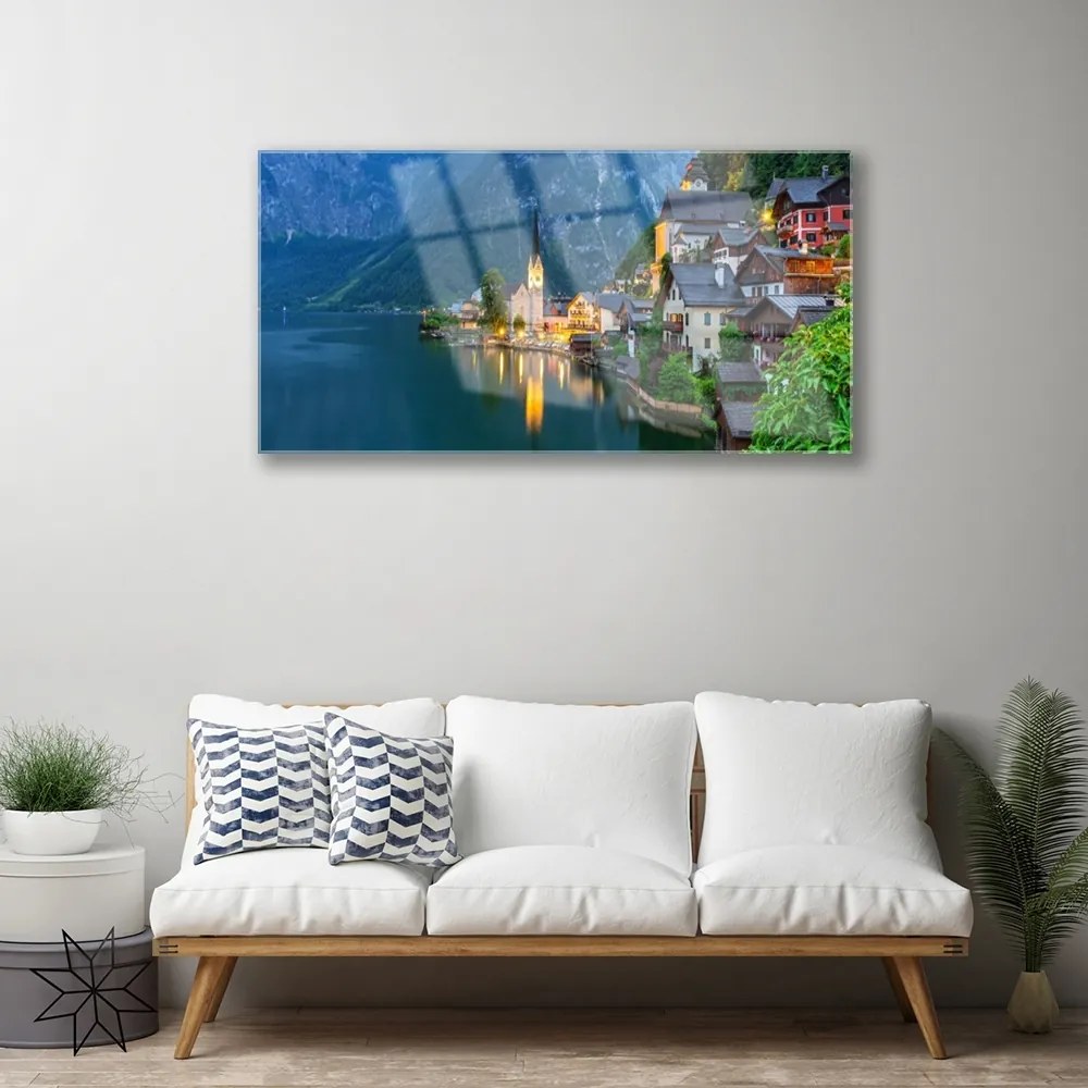 Skleneny obraz Hory mestečko noc jazero 140x70 cm