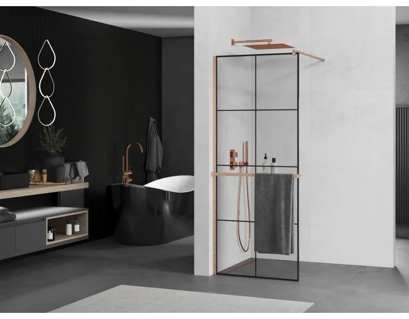 Mexen Kioto+, sprchová zástena Walk-In s poličkou a vešiakom 90 x 200 cm, 8mm číre sklo čierny vzor, medený matný profil, 800-090-121-65-77