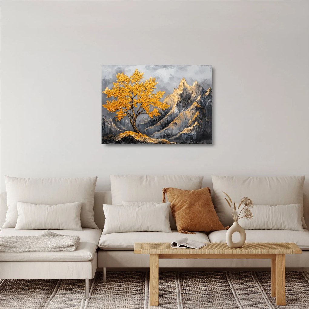 Sklenený obraz – Zlatý strom v horách (70x50 cm)