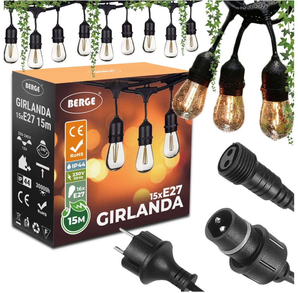 BERGE Záhradná girlanda 15m + 16x 1W LED žiarovka