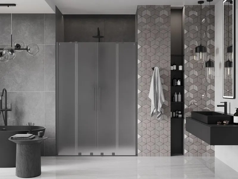 Mexen Velar Duo, posuvné sprchové dvere do otvoru 140 cm, 8mm sklo námraza, brúsený grafit, 871-140-000-32-95