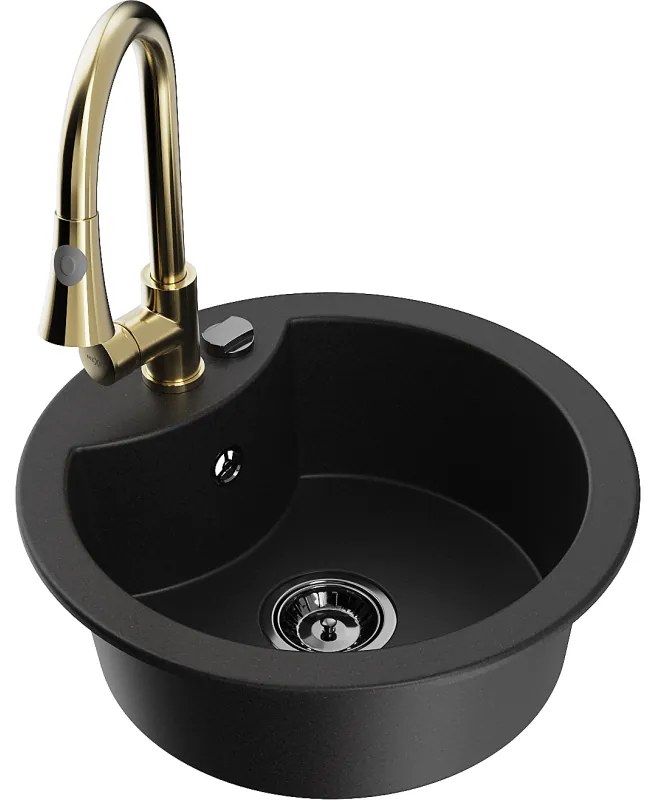 Mexen Diego, 1-komorový granitový drez 488x488x167 mm a drezová batéria Elia, čierna, 6512-77-670101-50-B
