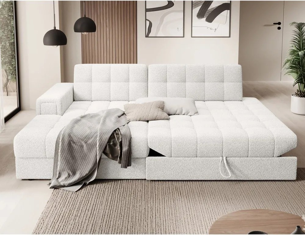 Krémovobiela rozkladacia rohová pohovka z textílie buklé (ľavý roh/s leňoškou) Blezalt – ELTAP