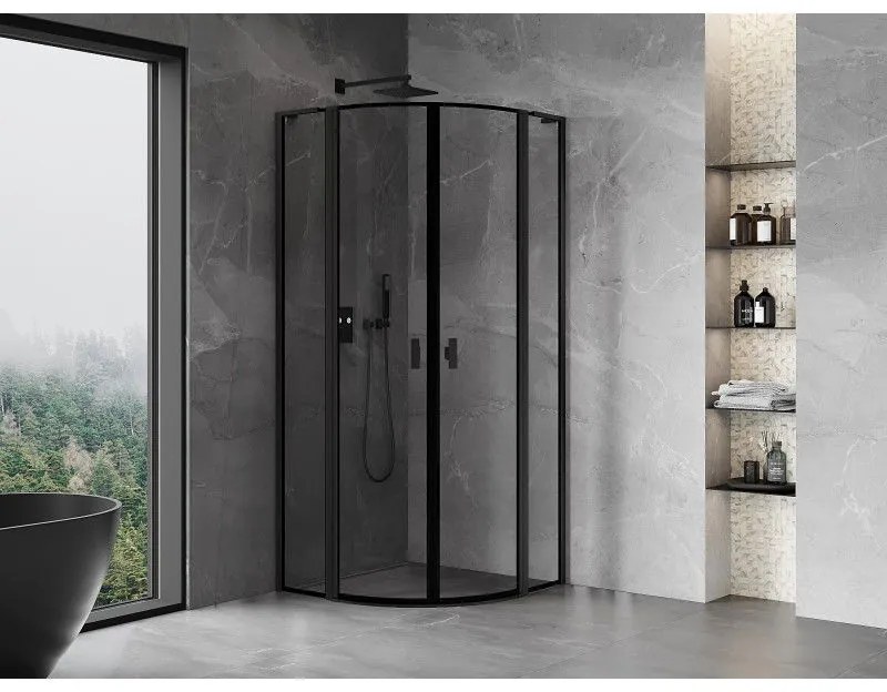 Mexen Mist L, štvrťkruhový sprchový kút s 2-krídlovými dverami, 100 x 100 cm, 8mm číre sklo, čierny profil, 8A32L-100-100-70-70