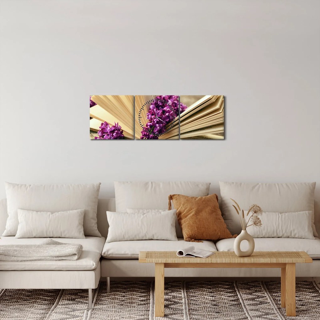 Obraz knihy s levanduľou (s hodinami) (90x30 cm)