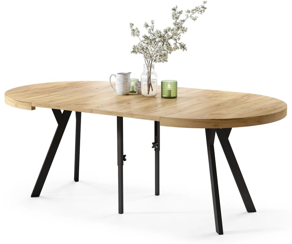 EXPANSO Dub Craft Zlatý / čierne nohy - VEĽKÝ OKRÚHLY STÔL Ø110 ROZKLADACÍ AŽ DO 310 cm S NOHAMI Y LOFTOVÝ / INDUSTRIÁLNY