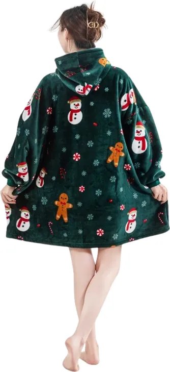 Baránková mikinová deka s rukávmi a kapucňou SNOWMAN AND GINGERBREAD, zelená