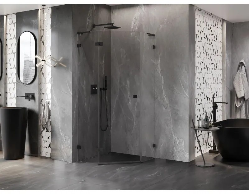 Mexen Lunar, L päťuholníkový sprchový kút naklápací doľava 100 x 100 cm, 8mm číre sklo, čierny profil, 831L-100L-100P-70-00-L