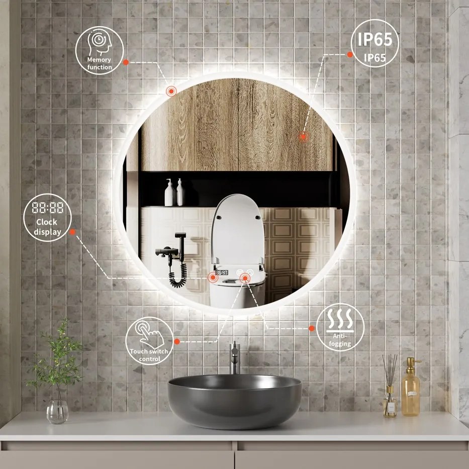 Erga Deam, okrúhle LED zrkadlo 120cm, 3 farby svetla, predné osvetlenie, vyhrievacia podložka proti zapareniu, ERG-V01-Deam-1212-CL