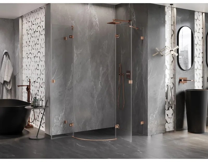 Mexen Lunar, pravý polkruhový sprchový kút 90 x 70 cm, 8mm číre sklo, profil medená matná, 833-090P-070L-65-00
