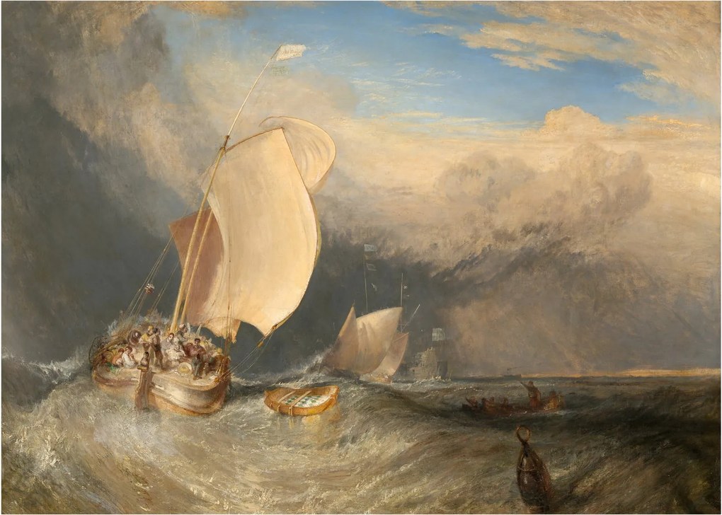 Sklenený obraz - William Turner, Fishing Boats with Hucksters Bargaining for Fish, reprodukcia (70x50 cm)