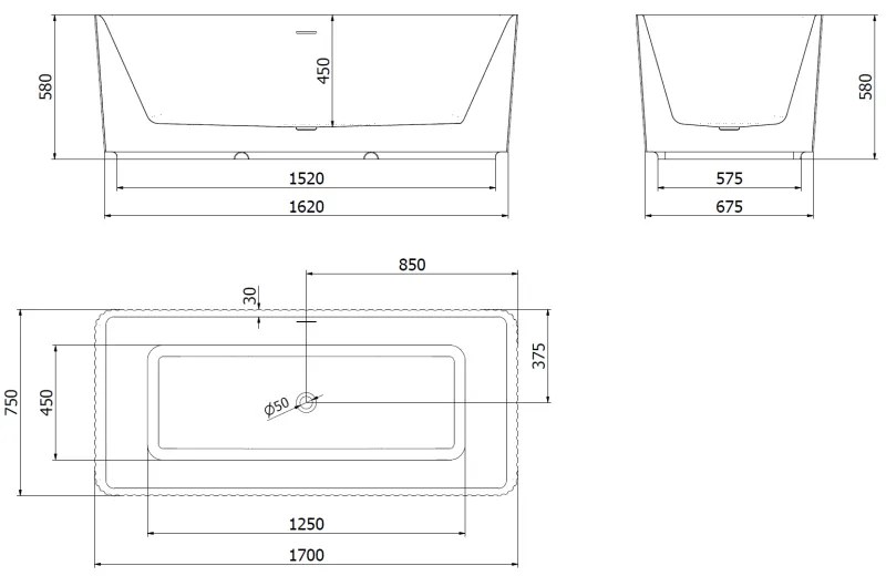 Mexen Nila, voľne stojaca ryhovaná vaňa 170 × 75 cm, biela lesklá, zlatý matný prepad, 52841708000-55