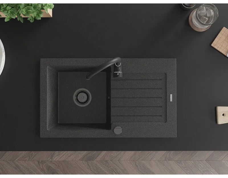 Mexen Pablo, granitový drez 752x436x161 mm, 1-komorový, čierna-škvrny s čiernym sifónom, 6510751010-76-B