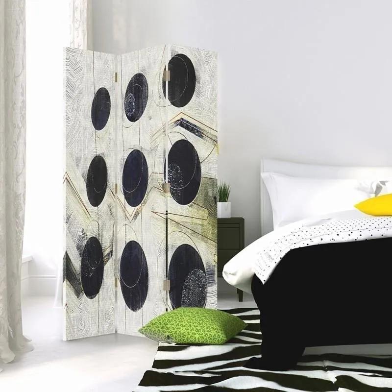 Ozdobný paraván Abstraktní koule černá a bílá - 110x170 cm, trojdielny, obojstranný paraván 360°